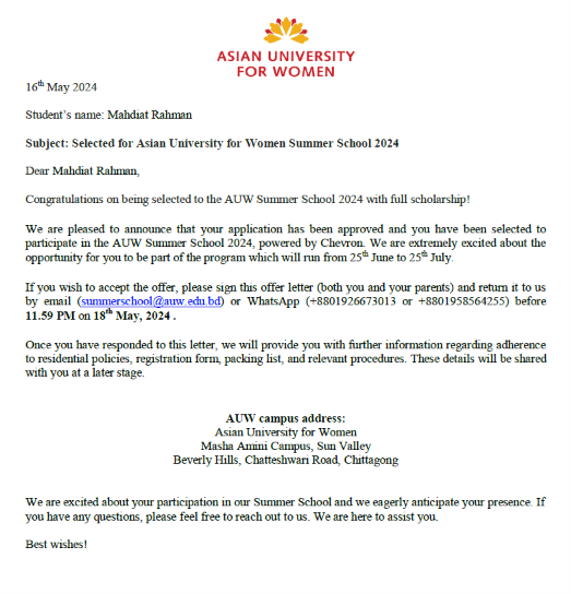 AWU Summer School Selection Letter